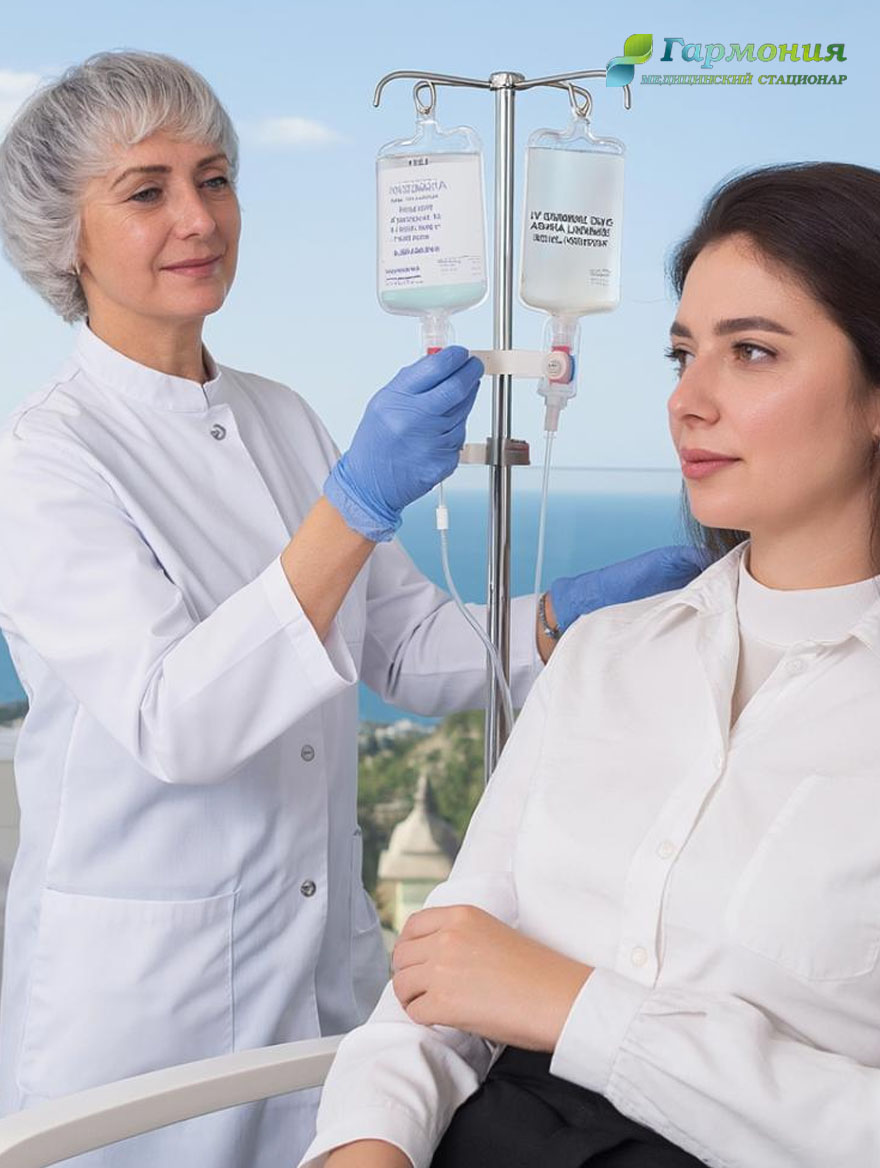 Врач и пациент с капельницей на фоне берега Ткуарчала