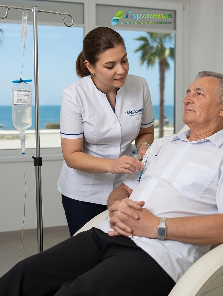 Врач и пациент с капельницей на фоне берега Ткуарчала