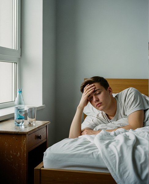 Мужчина держится за голову лежа в кровати