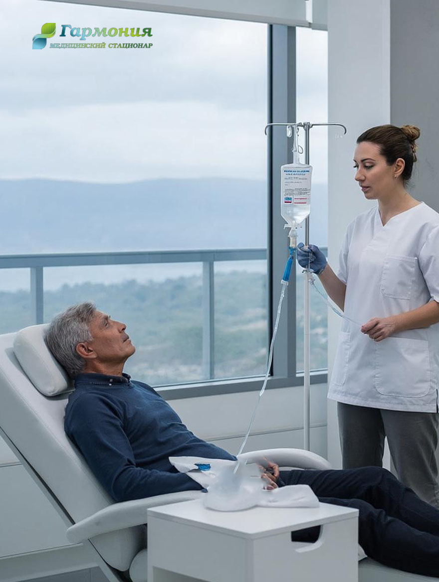 Врач и пациент с капельницей на фоне берега Ткуарчала